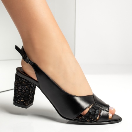 Sandale dama cu toc si insertie de material negre din Piele naturala MOD13748, 4, modlet.ro