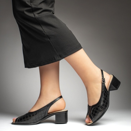 Sandale dama cu toc si perforatii negre din Piele naturala MOD13428, 3, modlet.ro