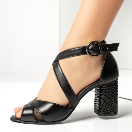 Sandale dama negre cu toc gros abstract din Piele naturala MOD11008, 2, modlet.ro