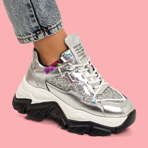Sneakers dama argintii cu glitter si talpa groasa MDL05933