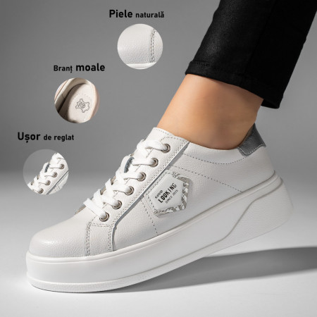 Tenisi dama, Tenisi dama albi din Piele naturala cu siret MOD10930, modlet.ro