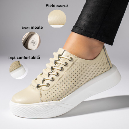REDUCERI INCALTAMINTE, Tenisi dama perforati bej din Piele naturala MOD06734, modlet.ro