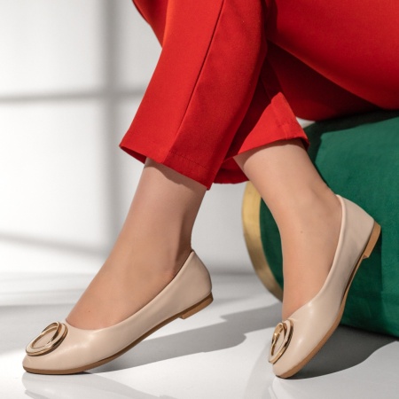 Balerini si Mocasini Dama, Balerini dama cu accesoriu metalic bej MOD11206, modlet.ro