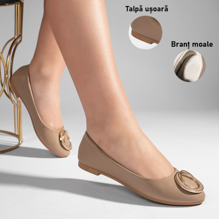 Balerini dama cu accesoriu metalic si talpa joasa khaki MOD11206, 3, modlet.ro