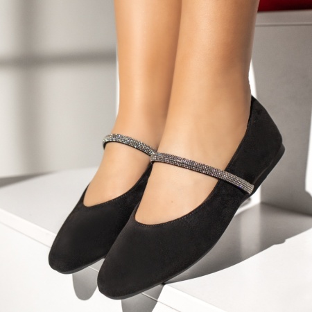 Balerini si Mocasini Dama, Balerini dama cu bareta si strasuri negru suede MOD13714, modlet.ro