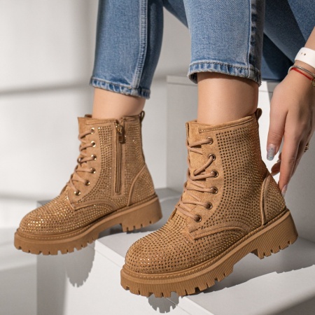 Bocanci dama, Bocanci dama cu fermoar si strasuri aplicate maro suede MOD12239, modlet.ro