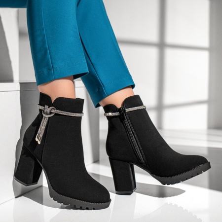 Botine dama cu toc gros si aplicatii cu strasuri negru suede MOD12823, 3, modlet.ro
