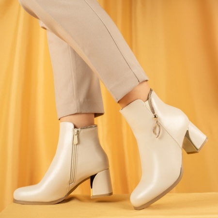 Botine dama cu toc gros si fermoar bej MOD07095, 3, modlet.ro