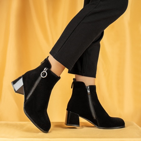 Botine dama, Botine dama cu toc gros si fermoar negre suede MOD07140, modlet.ro