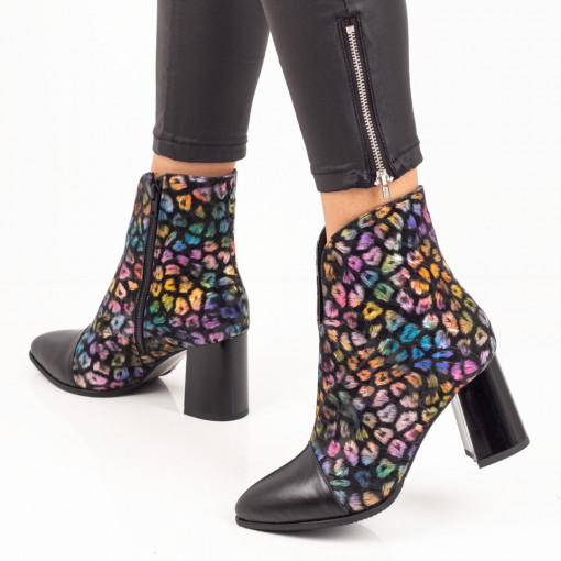 Botine dama cu toc si fermoar cu print multicolor din Piele naturala ZEF07304, 2, zeforia.ro