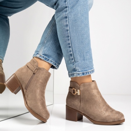 Botine dama cu toc si fermoar khaki suede LILI44, 3, modlet.ro