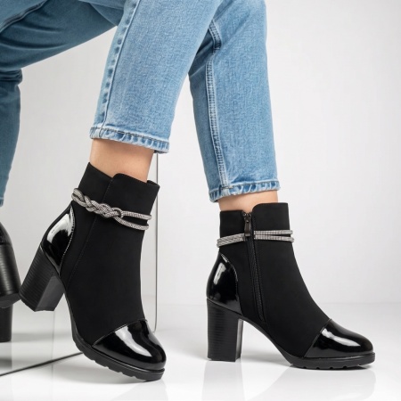 Botine dama cu toc si strasuri negru suede GINA22, 3, modlet.ro
