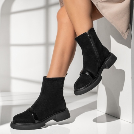 Ghete dama cu fermoar si talpa groasa negre suede din Piele naturala MOD14061, 2, modlet.ro