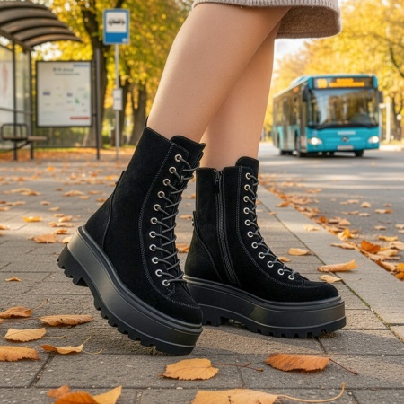 Ghete Dama, Ghete dama cu talpa groasa si fermoar negru suede MOD14095, modlet.ro