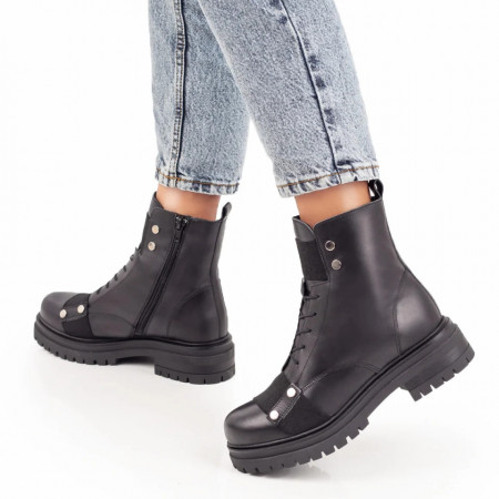 Ghete negre dama cu fermoar, siret si insertii de material elastic din Piele naturala MOD07289, 3, modlet.ro