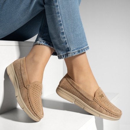 Mocasini dama cu talpa joasa si perforatii bej suede MOD13206, 3, modlet.ro