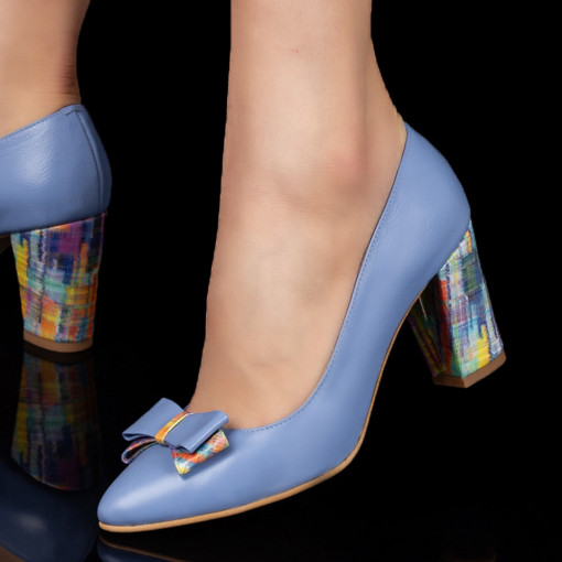 Pantofi cu toc, Pantofi albastri inchis dama cu toc si fundita din Piele naturala ZEF03560 - zeforia.ro