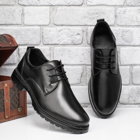 Plateste Jumatate!, Pantofi casual barbati cu siret negri din Piele naturala MOD12657, modlet.ro