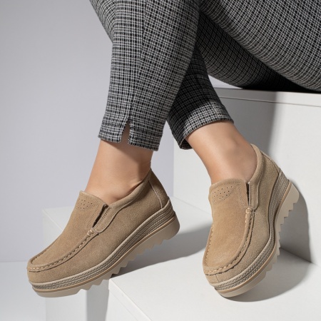 Pantofi dama, Pantofi casual cu platforma khaki suede din Piele naturala MOD11690, modlet.ro