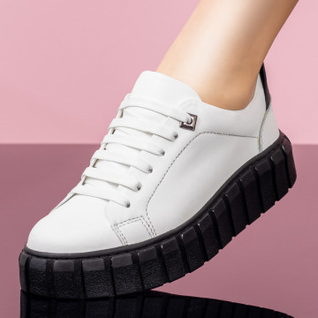 Pantofi casual dama albi cu negru cu talpa groasa Piele naturala MDL03646