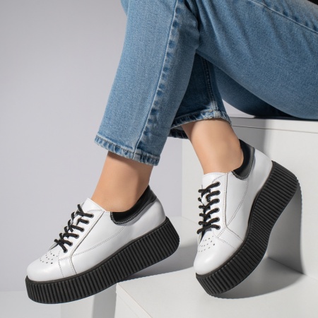 Pantofi casual dama, Pantofi casual dama albi cu talpa groasa din Piele naturala MOD12740, modlet.ro