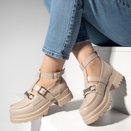 Pantofi casual dama cu bareta si talpa groasa bej MOD13250, 2, modlet.ro