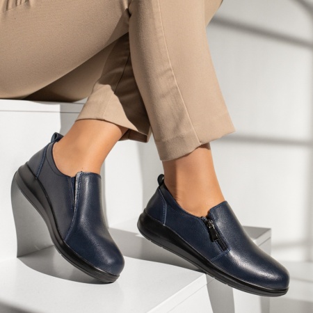 Pantofi casual dama cu fermoar albastru inchis din Piele naturala MOD13292, 3, modlet.ro
