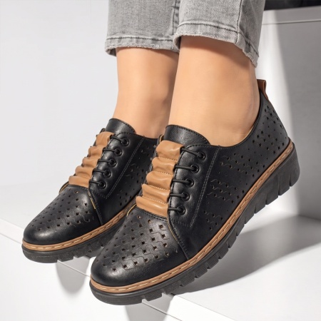 Pantofi casual dama cu perforatii negru cu khaki EVA93, 2, modlet.ro
