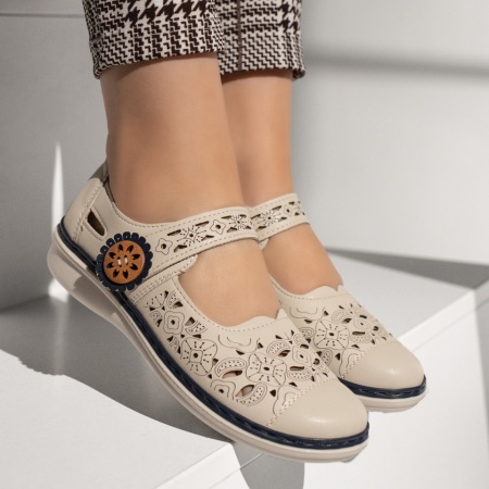 Pantofi casual dama cu perforatii si inchidere cu scai bej MOD13322, 4, modlet.ro