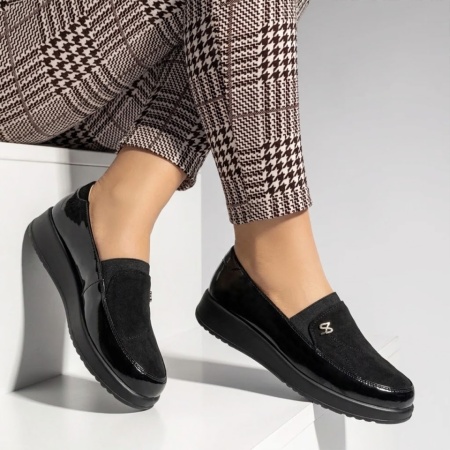 Pantofi casual dama cu platforma si aspect lucios negru suede MARA24, 3, modlet.ro
