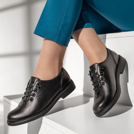 Pantofi casual dama cu siret elastic negri din Piele naturala MOD13135, 2, modlet.ro