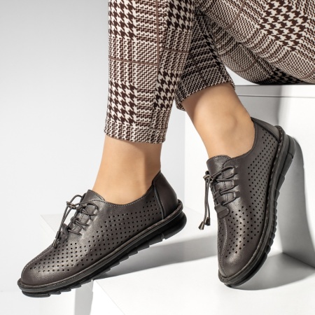 Pantofi casual dama, Pantofi casual dama cu siret elastic si perforatii gri MOD13226, modlet.ro