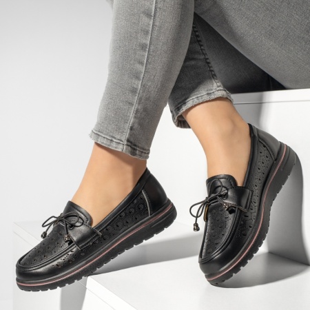 Papuci si slapi dama, Pantofi casual dama cu siret elastic si perforatii negri MOD13168, modlet.ro