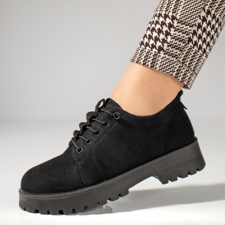 Pantofi casual dama cu siret elastic si talpa groasa negru suede ZEF12990