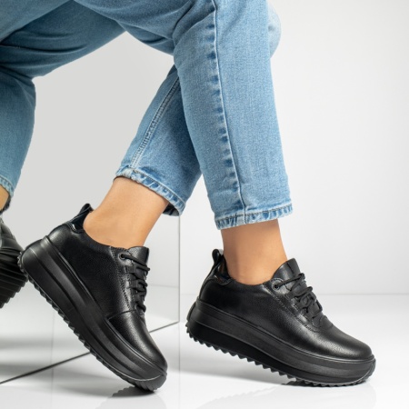 Pantofi casual dama cu siret si talpa groasa negri din Piele naturala MOD14016, 4, modlet.ro