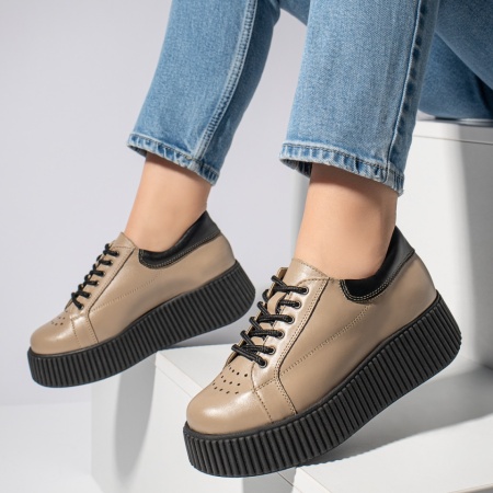 Pantofi casual dama, Pantofi casual dama khaki cu talpa groasa din Piele naturala MOD12740, modlet.ro
