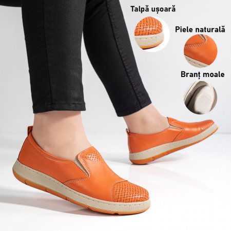 Pantofi casual dama portocalii din Piele naturala ZEF11124, 3, zeforia.ro