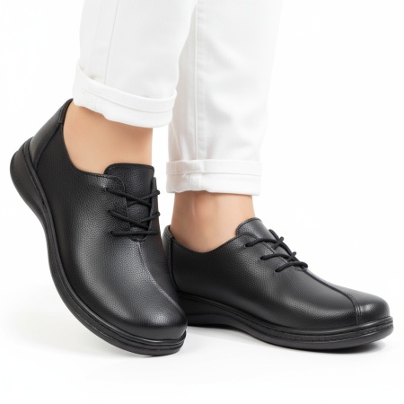 Pantofi casual din Piele naturala negri dama cu siret si talpa joasa MOD06739, 4, modlet.ro