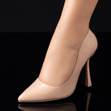 Pantofi dama, Pantofi cu toc conic dama nude cu aspect lacuit ZEF07812 - zeforia.ro