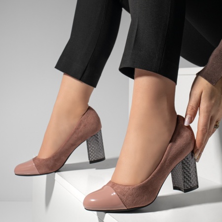 Pantofi cu toc dama nude suede si varf lacuit MOD05775, 2, modlet.ro