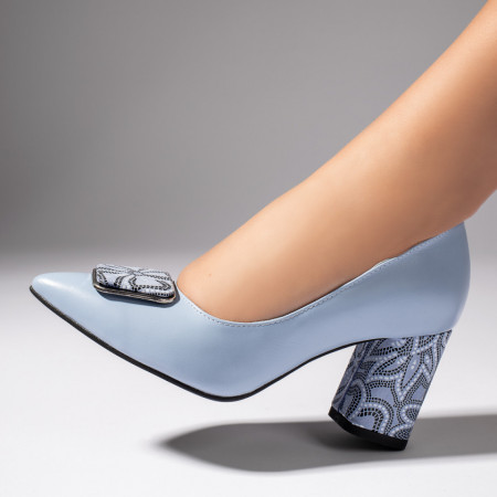 Pantofi cu toc, Pantofi cu toc dama si accesoriu metalic albastri cu print din Piele naturala ZEF11000 - zeforia.ro