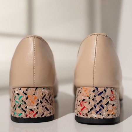 Pantofi cu toc dama si imprimeu bej din Piele naturala MOD12046, 4, modlet.ro