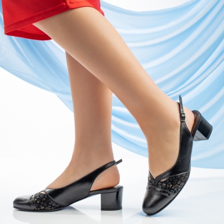 Pantofi cu toc dama si imprimeu negri din Piele naturala MOD13287, 2, modlet.ro