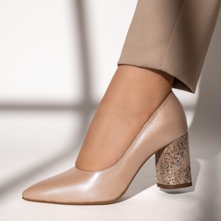Pantofi cu toc dama si print bej sidefat din Piele naturala MOD12047, 1, modlet.ro