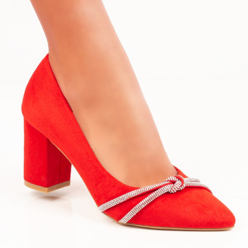 Pantofi cu toc gros dama rosii suede cu accesoriu cu pietre aplicate MDL06918