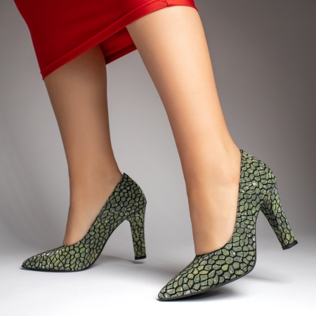 Pantofi dama, Pantofi cu toc gros dama si imprimeu verde din Piele naturala MOD12739, modlet.ro