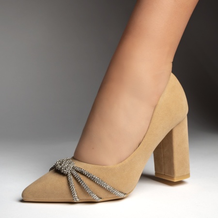 Pantofi cu toc gros dama, Pantofi cu toc gros si strasuri aplicate bej suede MOD10990, modlet.ro