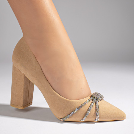 Pantofi dama, Pantofi cu toc gros si varf ascutit bej dama MOD10990, modlet.ro