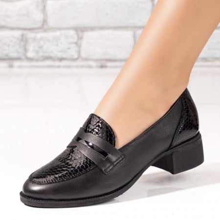 Pantofi cu toc mic dama, Pantofi cu toc mic dama negri cu imprimeu din Piele naturala ZEF05971 - zeforia.ro
