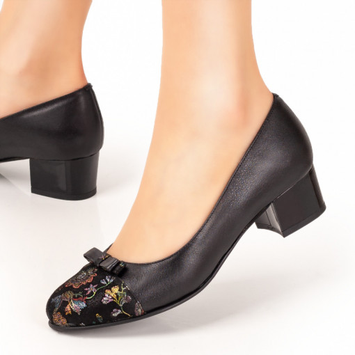 Pantofi cu toc gros dama, Pantofi cu toc mic si fundita dama negri din Piele naturala ZEF07633 - zeforia.ro